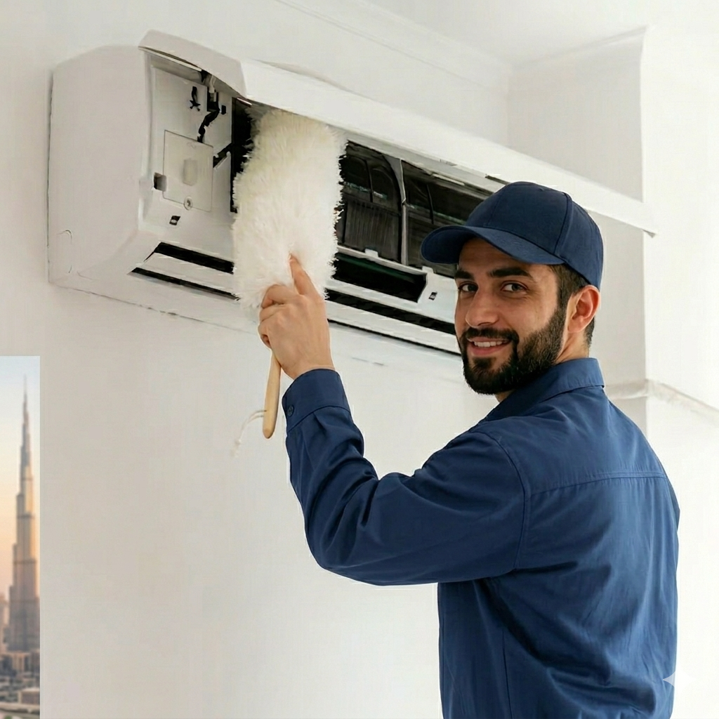 Technician cleaning and maintaining AC
